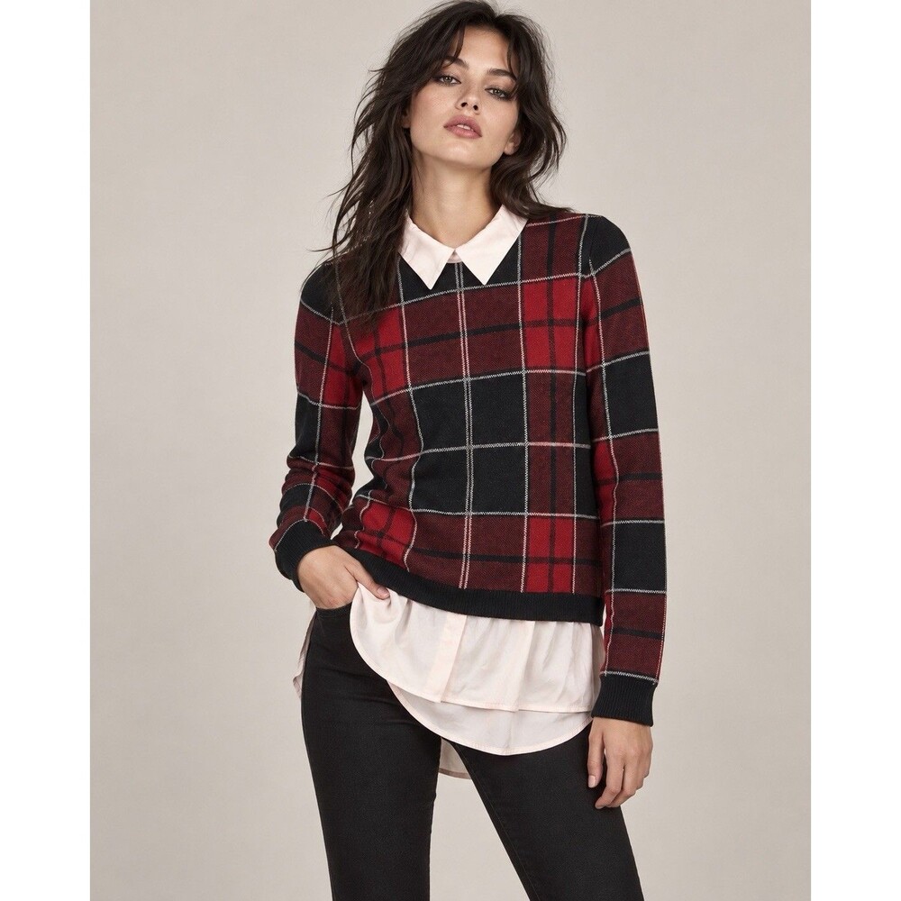 Tahari Women’s XS Plaid Sweater Shirt Red Black White Layered Look Top